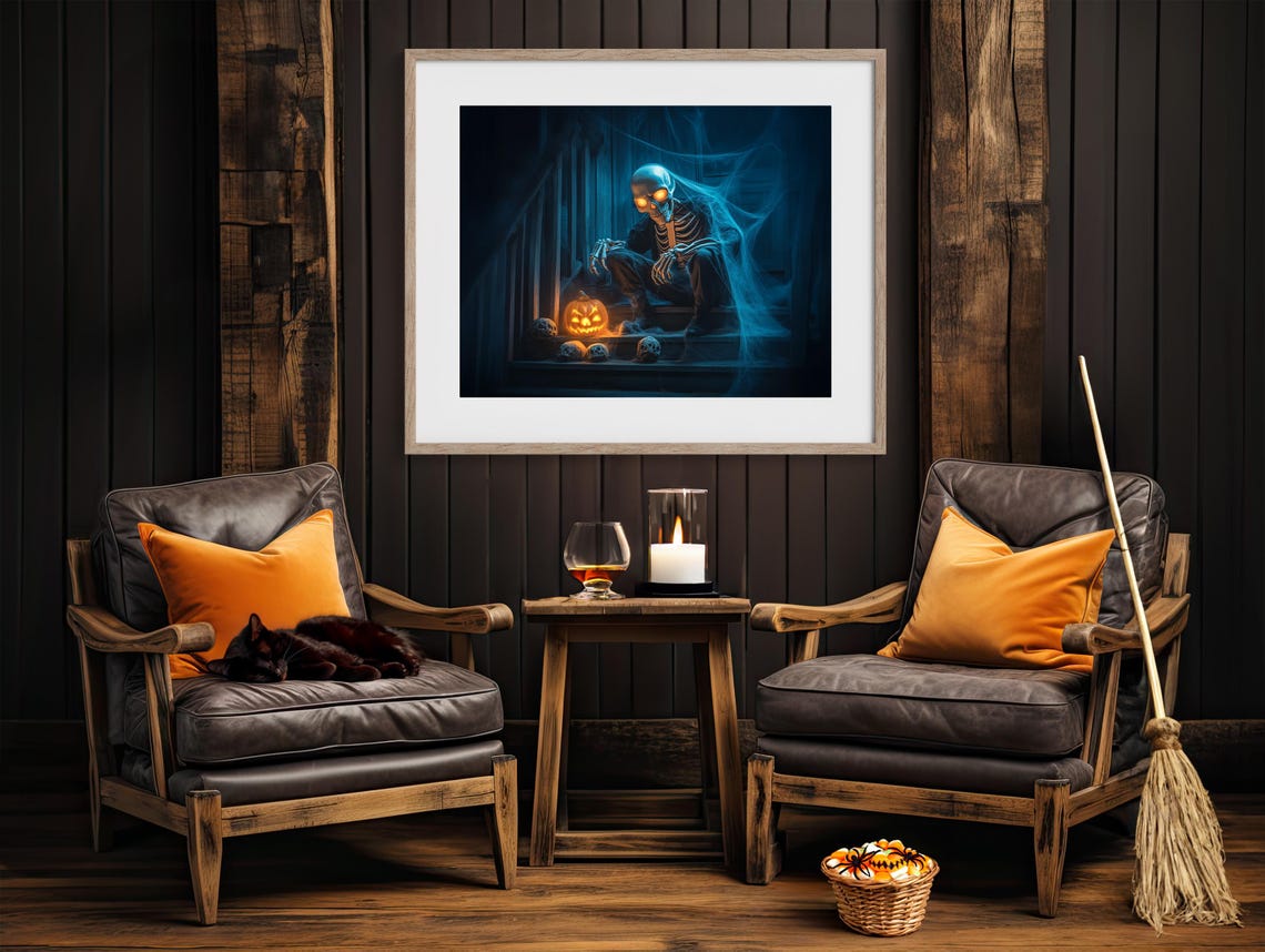 Skeleton Sitting on Dark Stairs with a Glowing Jack-o-Lantern Poster - Image 4