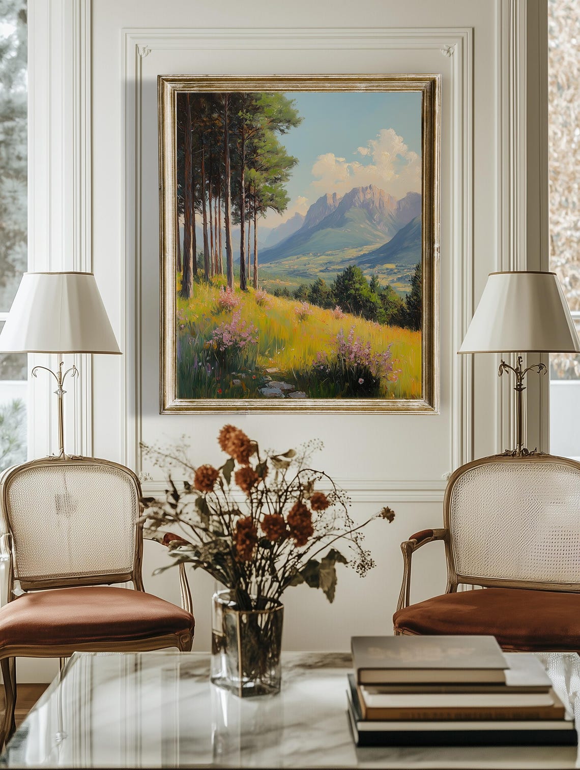 Spring Valley With Wildflowers Pine Forest And Mountain View Poster - Image 4