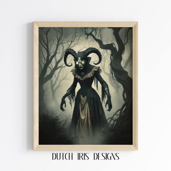 Horned Demon Woman In Misty Forest Dark Fantasy Halloween Poster