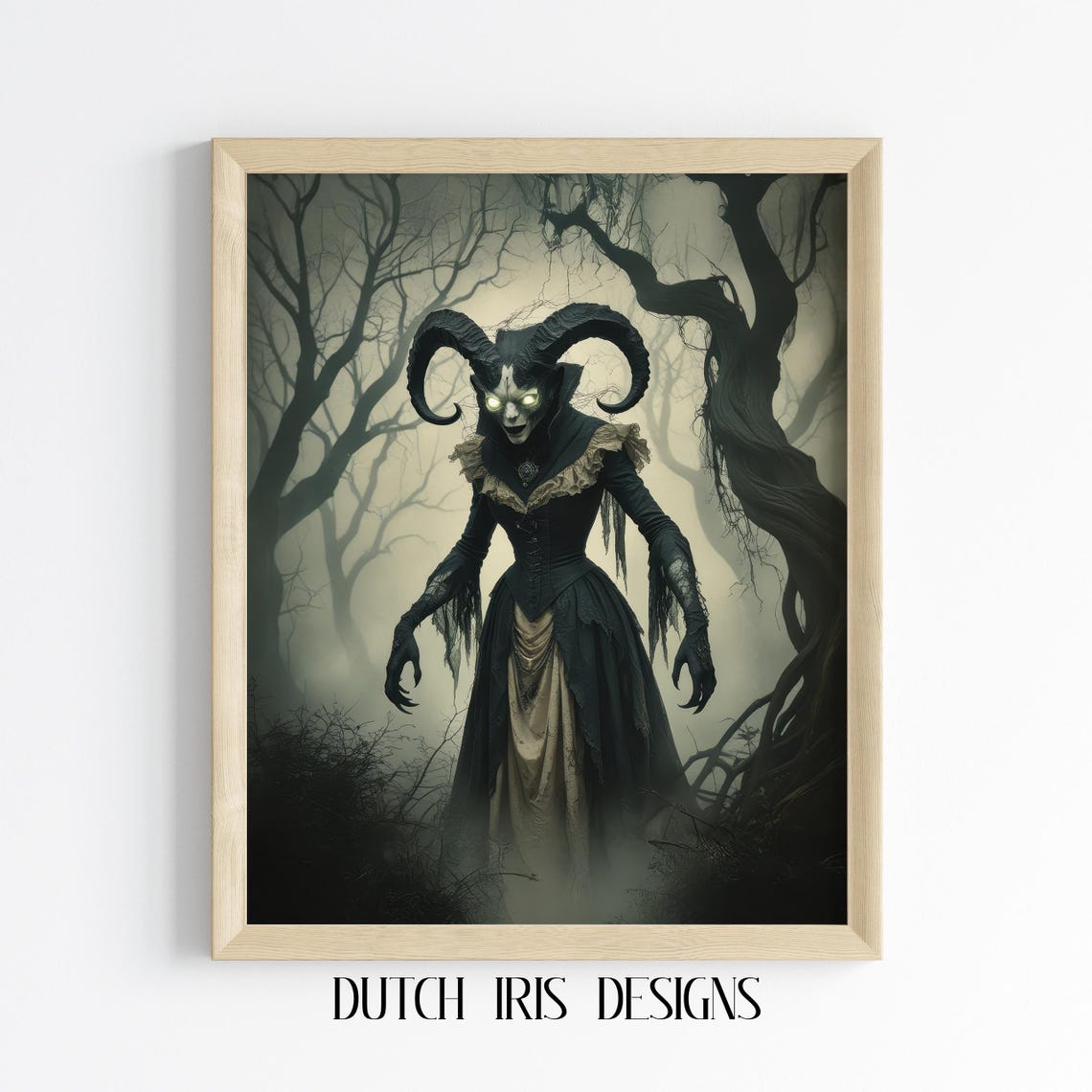 Horned Demon Woman In Misty Forest Dark Fantasy Halloween Poster