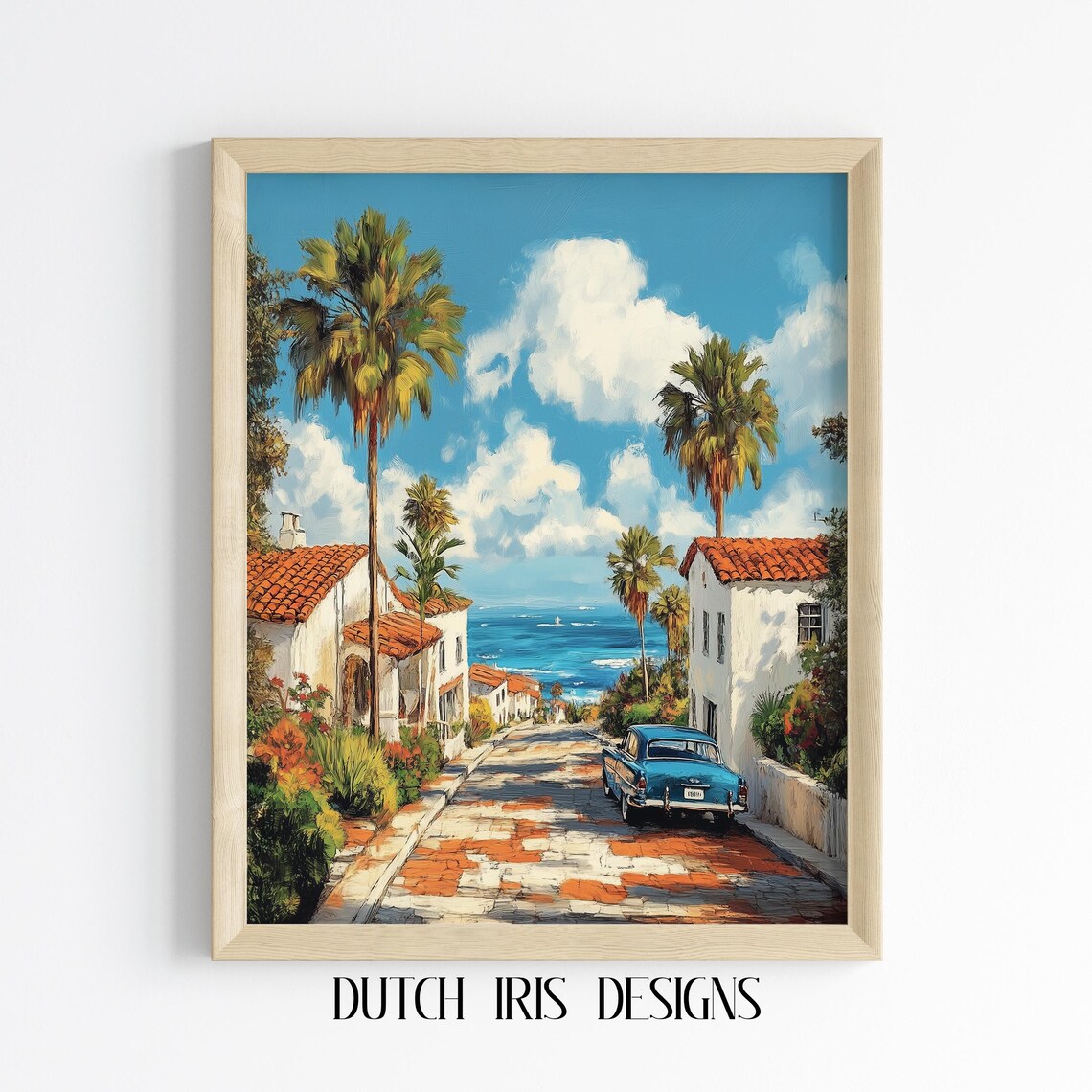 Charming Mediterranean Coastal Street With Palms And Vintage Car Art Poster