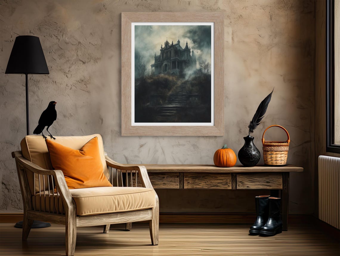 Haunted Gothic Mansion On Foggy Hill Under Dark Stormy Sky Poster - Image 4