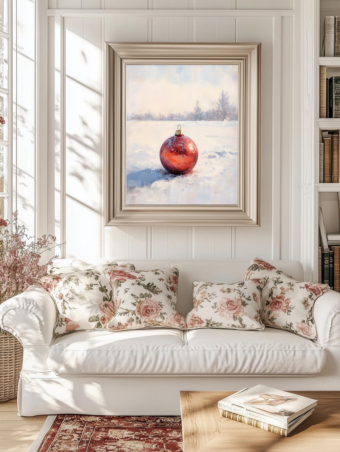 Red Christmas Ornament Resting In Snow Vintage Winter Holiday Poster - Image 2