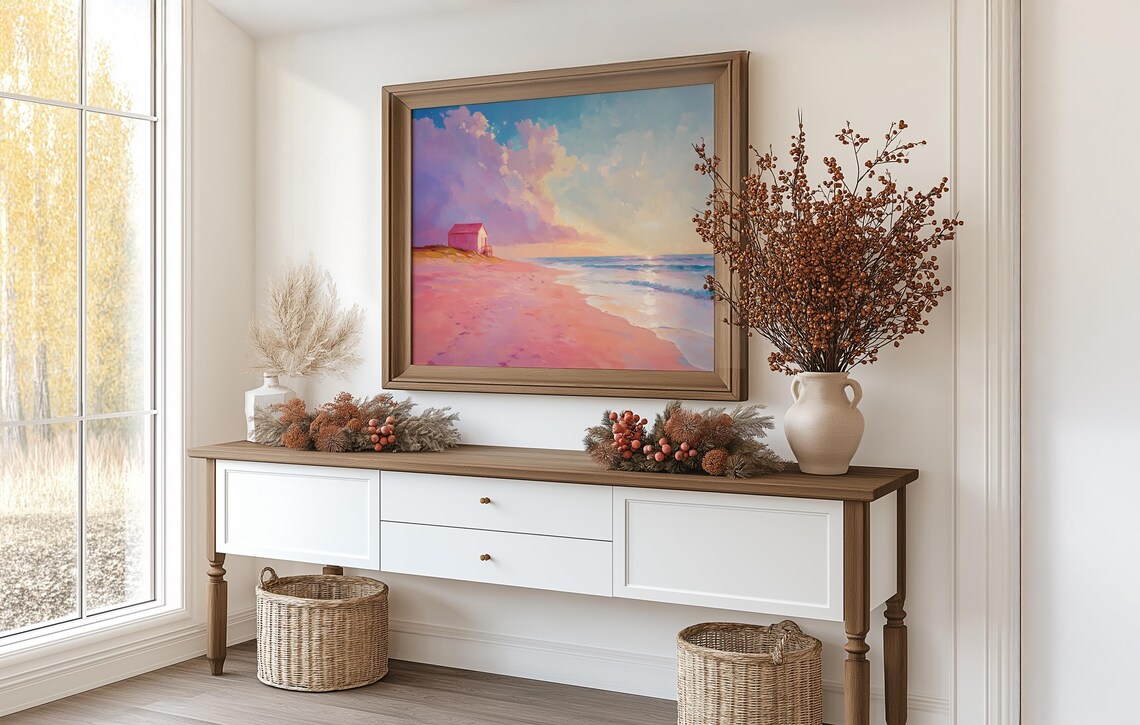 Pink Beach Sunrise With Little Hut Dreamy Coastal Seascape Poster - Image 3