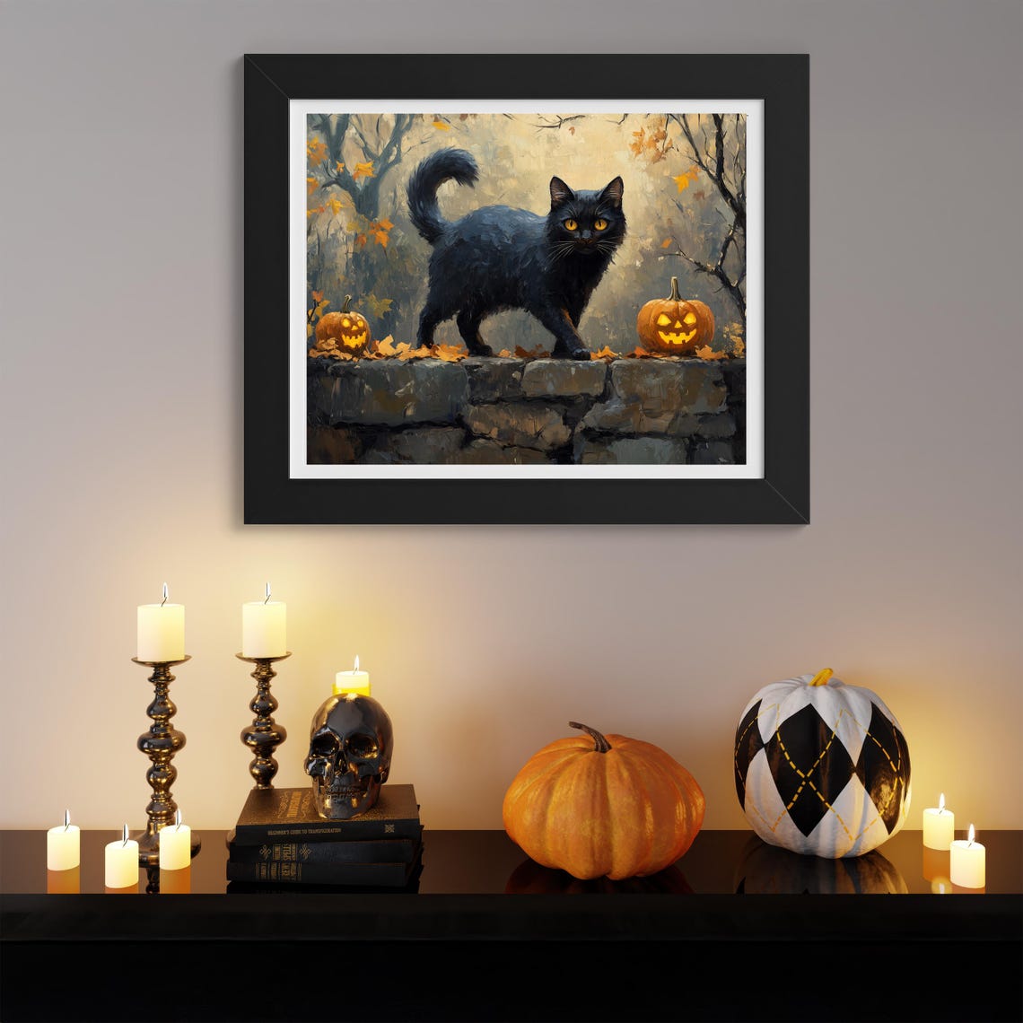 Black Cat On Stone Wall Between Two Jack O Lanterns Halloween Poster - Image 3