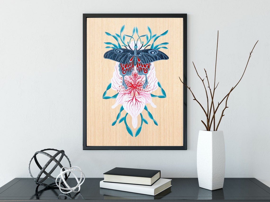 Midnight Blue Butterfly Over Red Veined Orchid Tropical Art Poster - Image 3