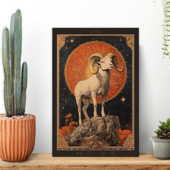 Aries Zodiac Ram Standing Before a Fiery Red Sun Celestial Poster
