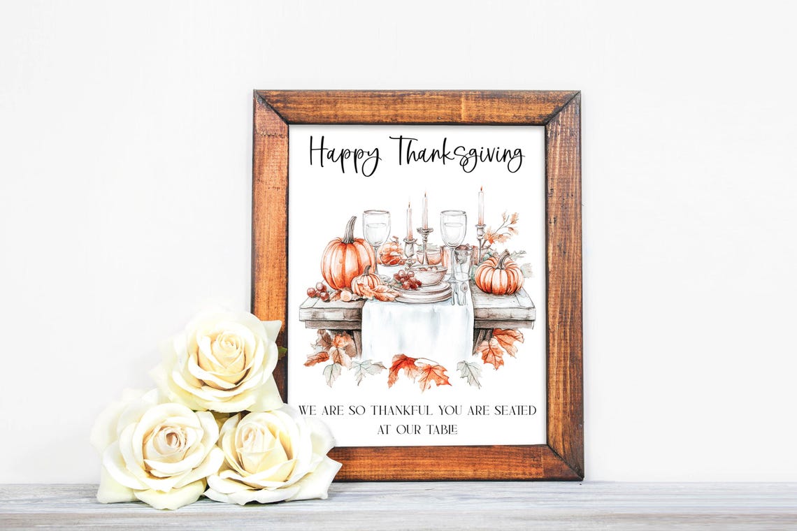 Happy Thanksgiving Watercolor Dinner Table Pumpkins Fall Leaves Poster - Image 3