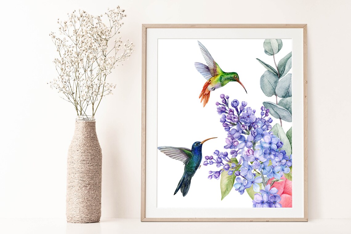 Watercolor Hummingbirds and Purple Lilac Blossom Garden Wall Poster - Image 3