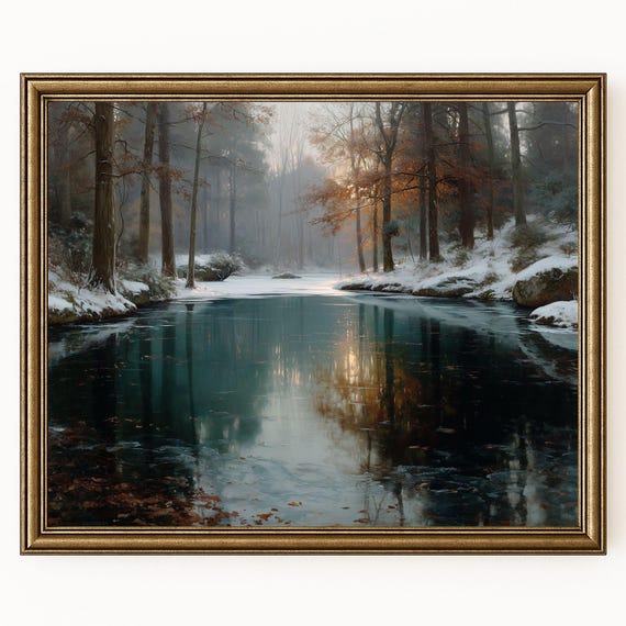 Winter Landscape Art Frozen Pond Scene Snowy Forest Trees Rustic Tranquil Nature