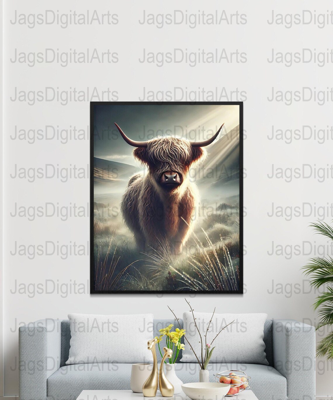 Highland Cow Misty Moorland Sunlight Dramatic Animal Portrait Poster - Image 5