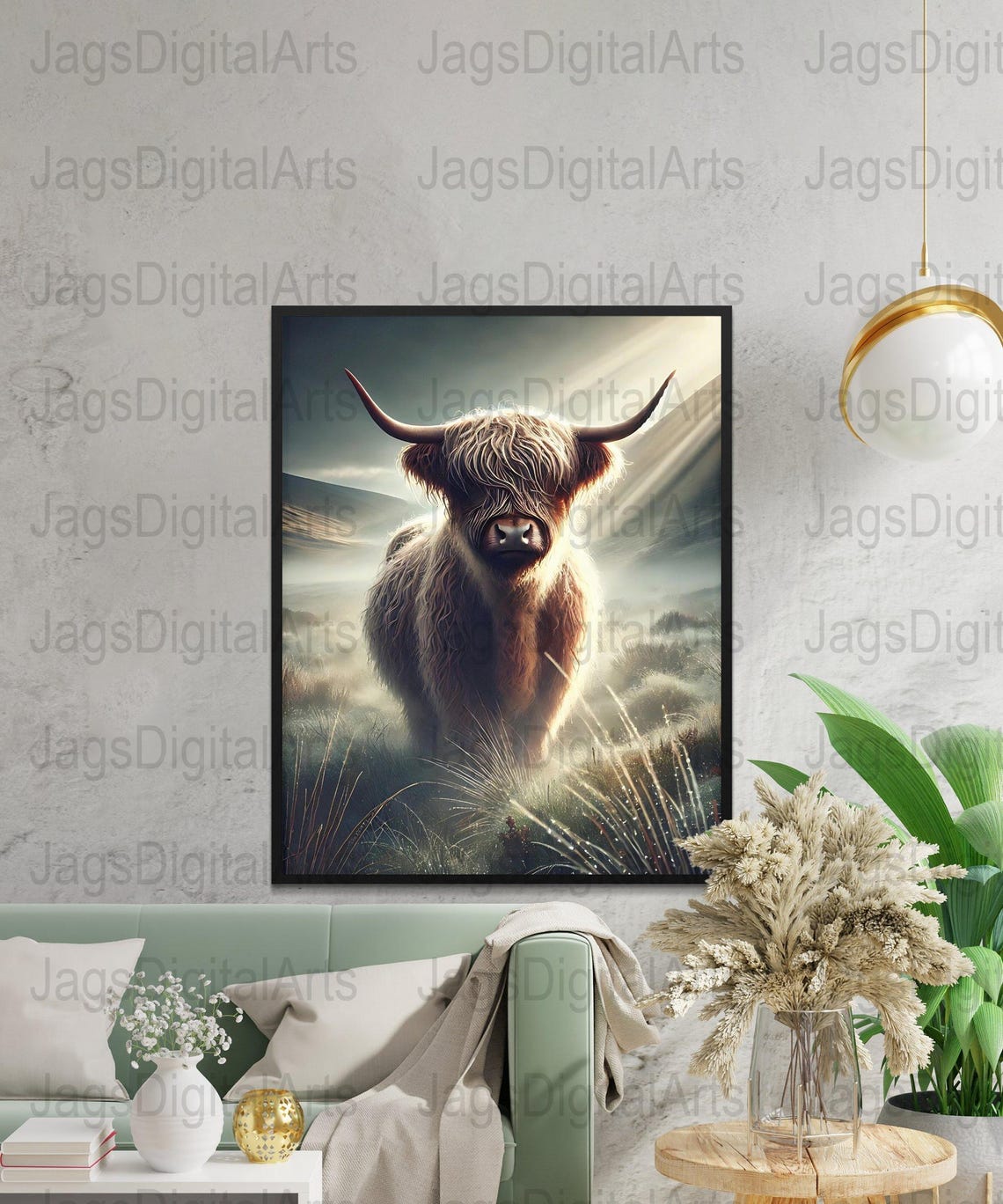 Highland Cow Misty Moorland Sunlight Dramatic Animal Portrait Poster - Image 4