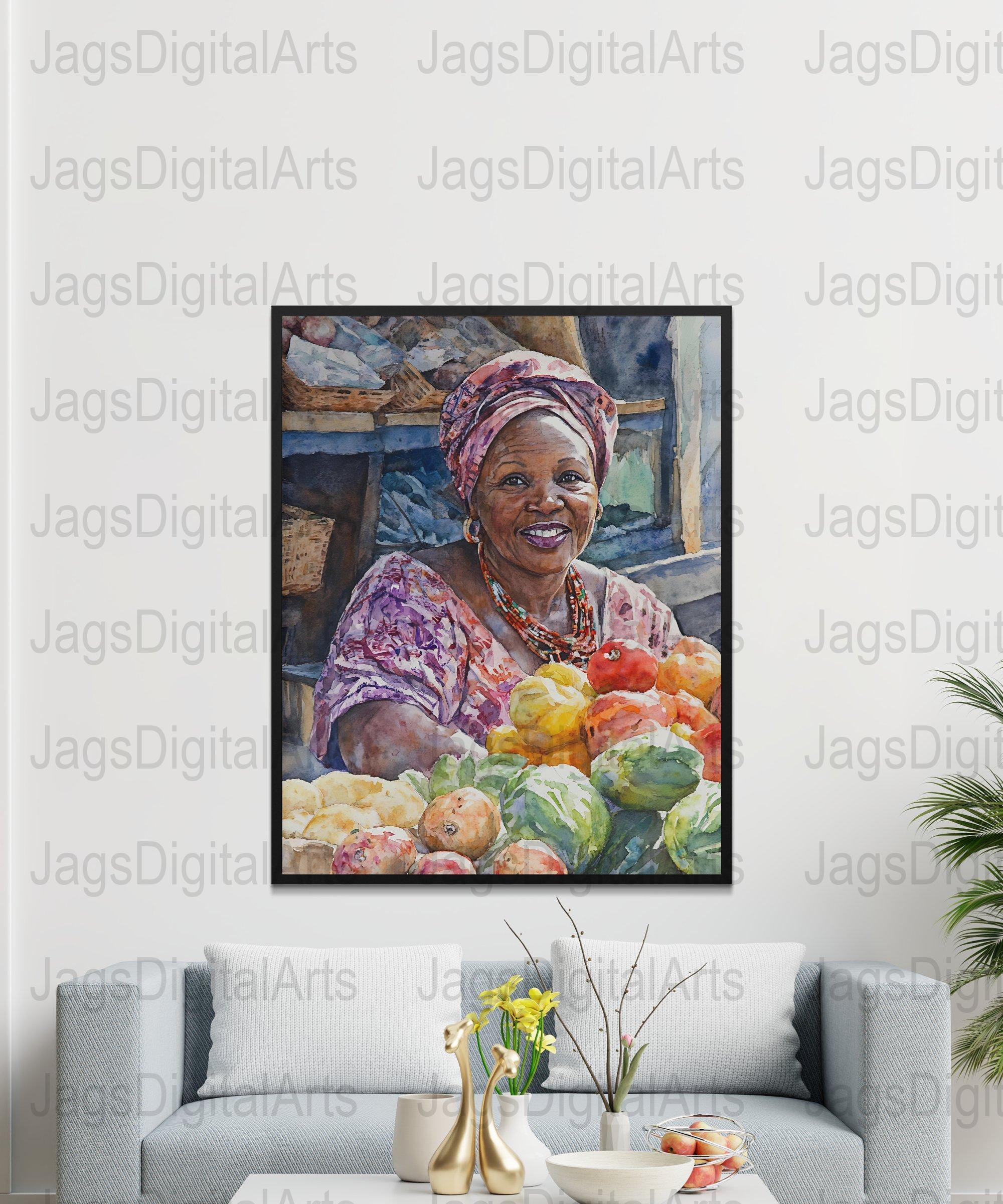 African Market Vendor Watercolor Smiling Woman Produce Baskets Poster - Image 6