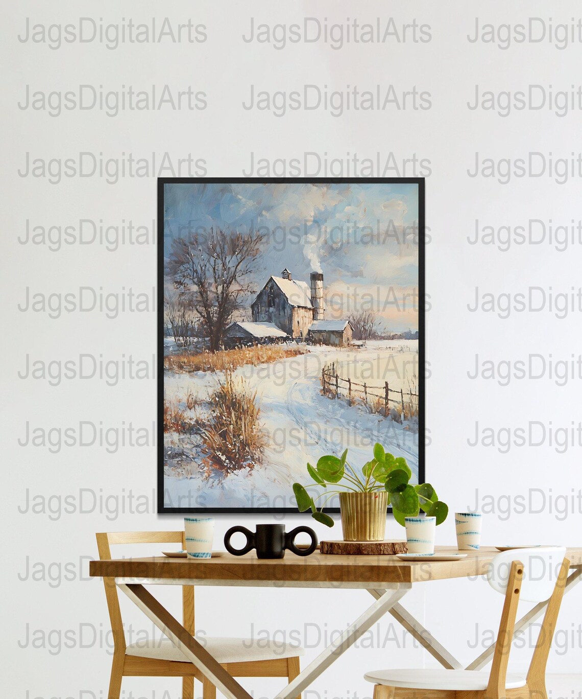 Snowy Farm Barn Oil Painting Winter Countryside Landscape Scene Poster - Image 5