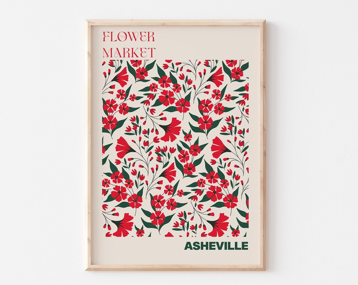 Asheville Flower Market Red Floral Pattern Green Leaf Botanical Poster