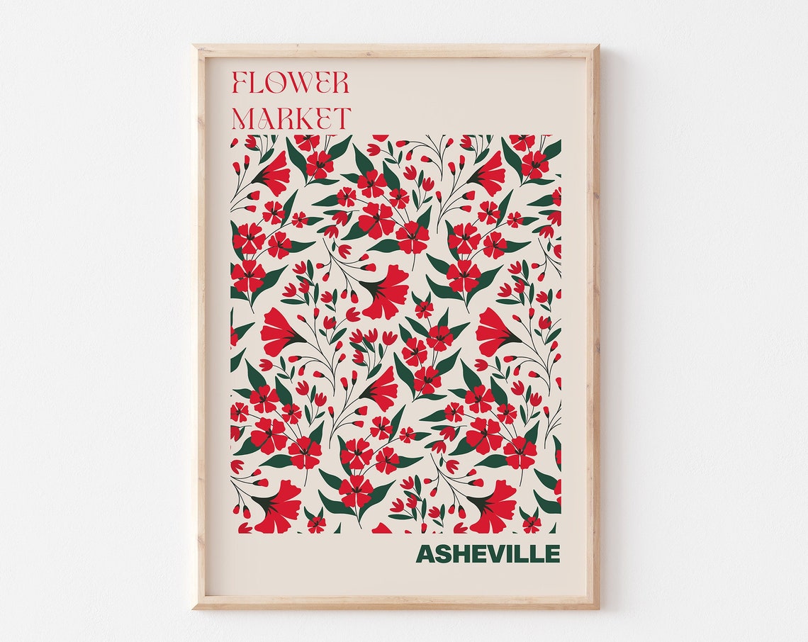 Asheville Poster Asheville Wall Art Asheville Personalised Travel Poster Asheville Flower Market Print Floral Wall Asheville