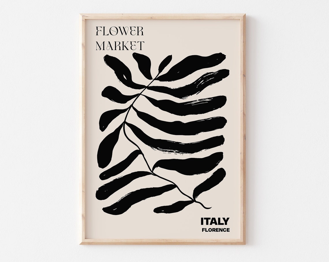 Italy Flower Market Florence Black Brushstroke Leaf Art Poster
