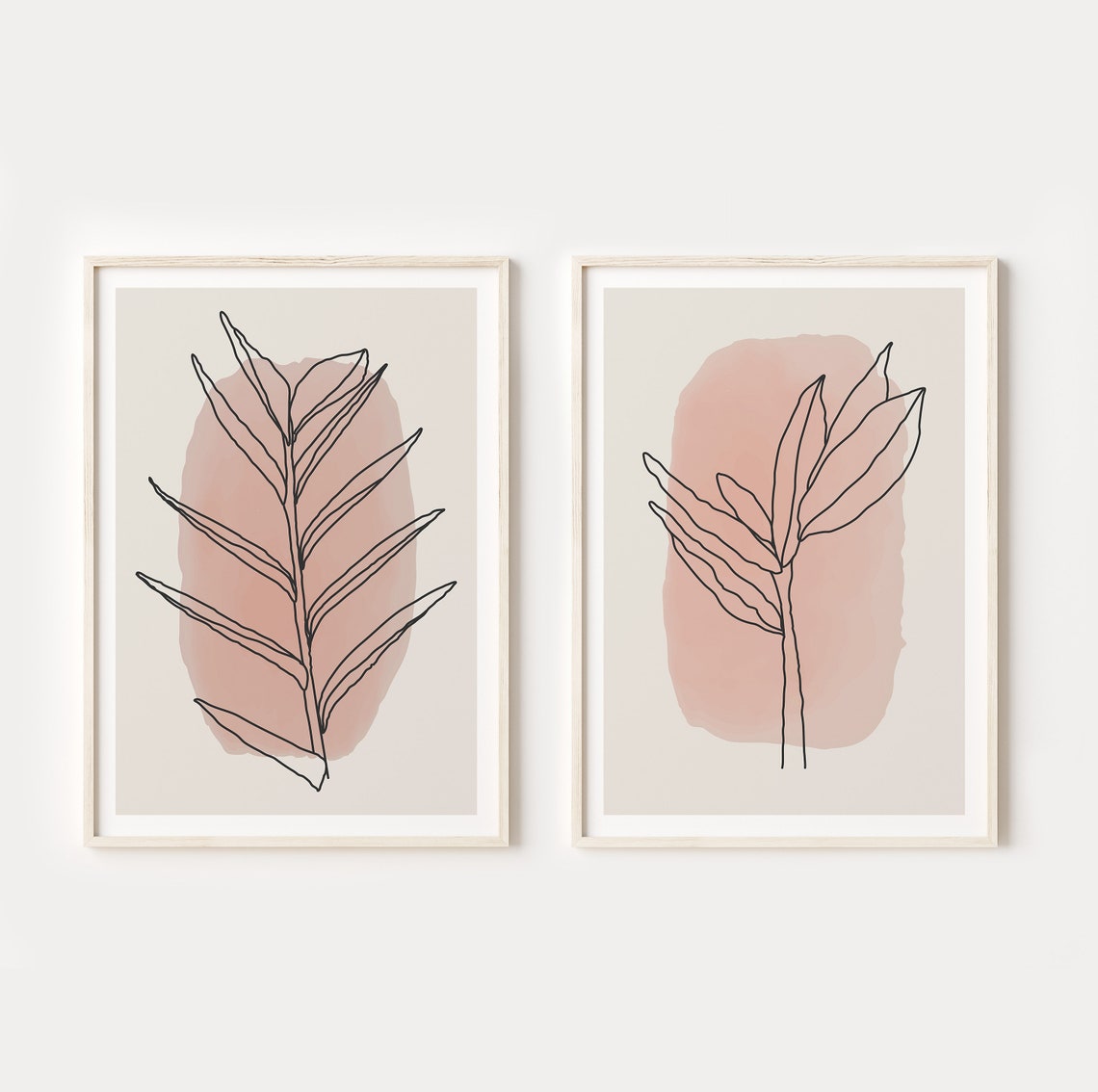 Blush Pink Botanical Leaf Line Art Two Piece Minimalist Gallery Poster - Image 3
