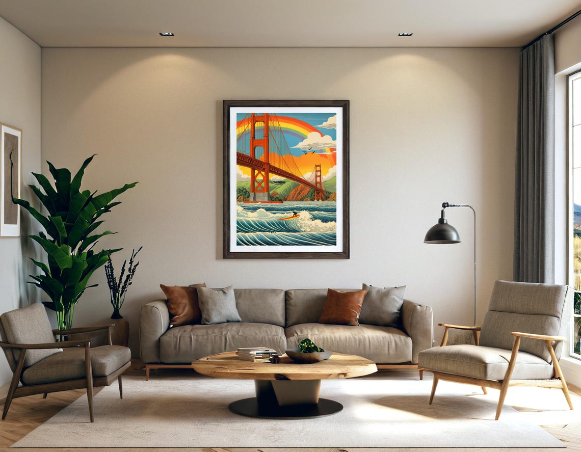 San Francisco Golden Gate Bridge Surfer Rainbow Ukiyo E Poster - Image 3