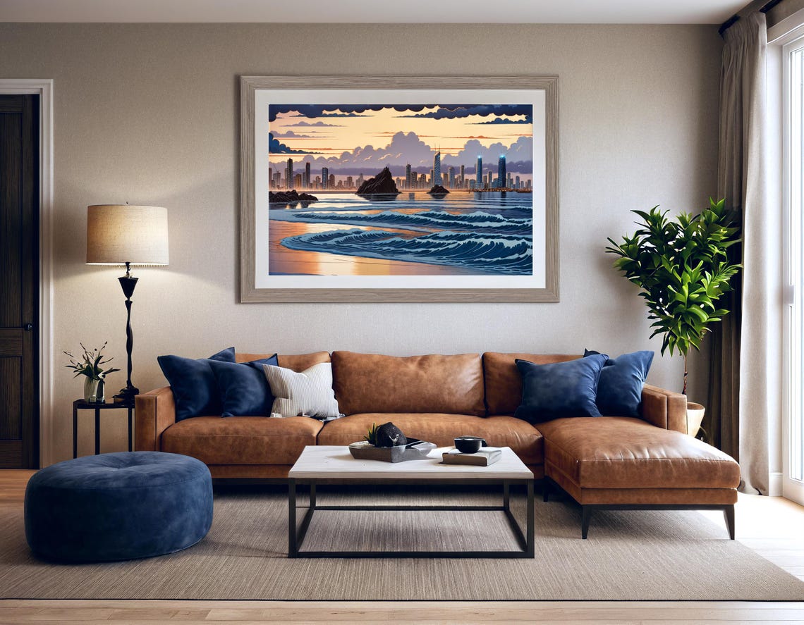 Gold Coast Currumbin Beach Sunset Ukiyo E Surf Wave Art Poster - Image 3
