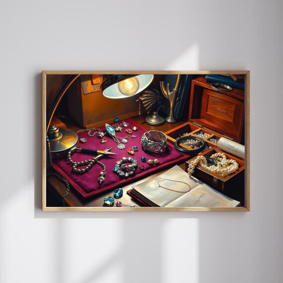 Jeweler Workbench Gems Pearls Jewelry Crafting Scene Art Poster