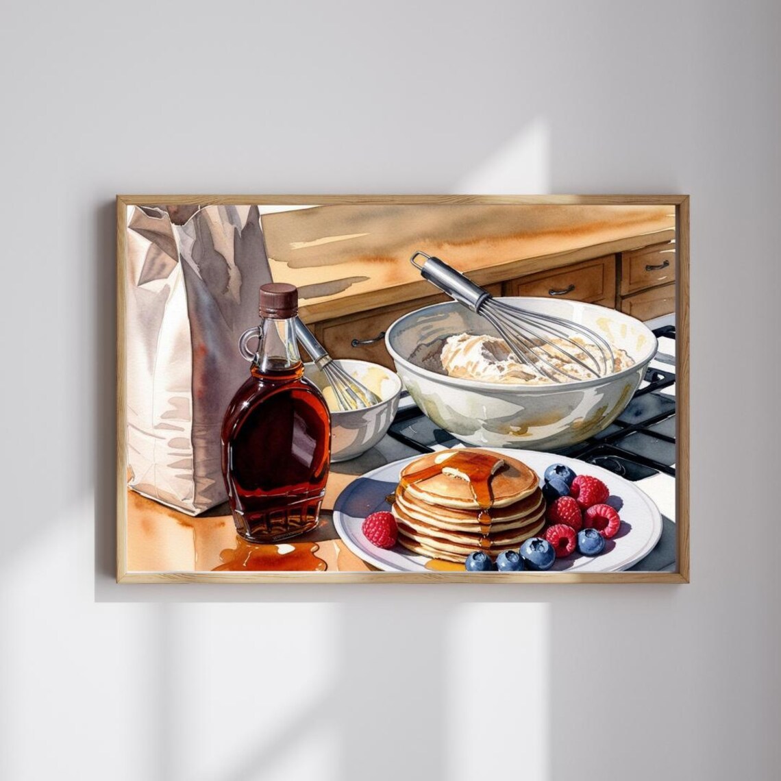 Pancake Breakfast Watercolor Still Life With Syrup Berries Poster