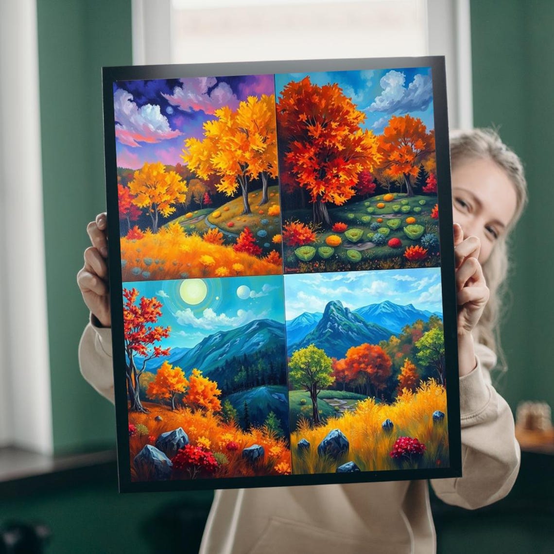 Autumn Four Panel Maple Pumpkin Mountain Fall Foliage Art Print
