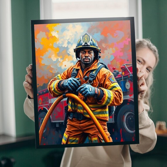 Black Firefighter Hero Holding Hose Fire Station 5 Art Print