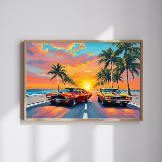 Classic Muscle Cars Beach Sunset Race Palm Road Coastal Art Poster