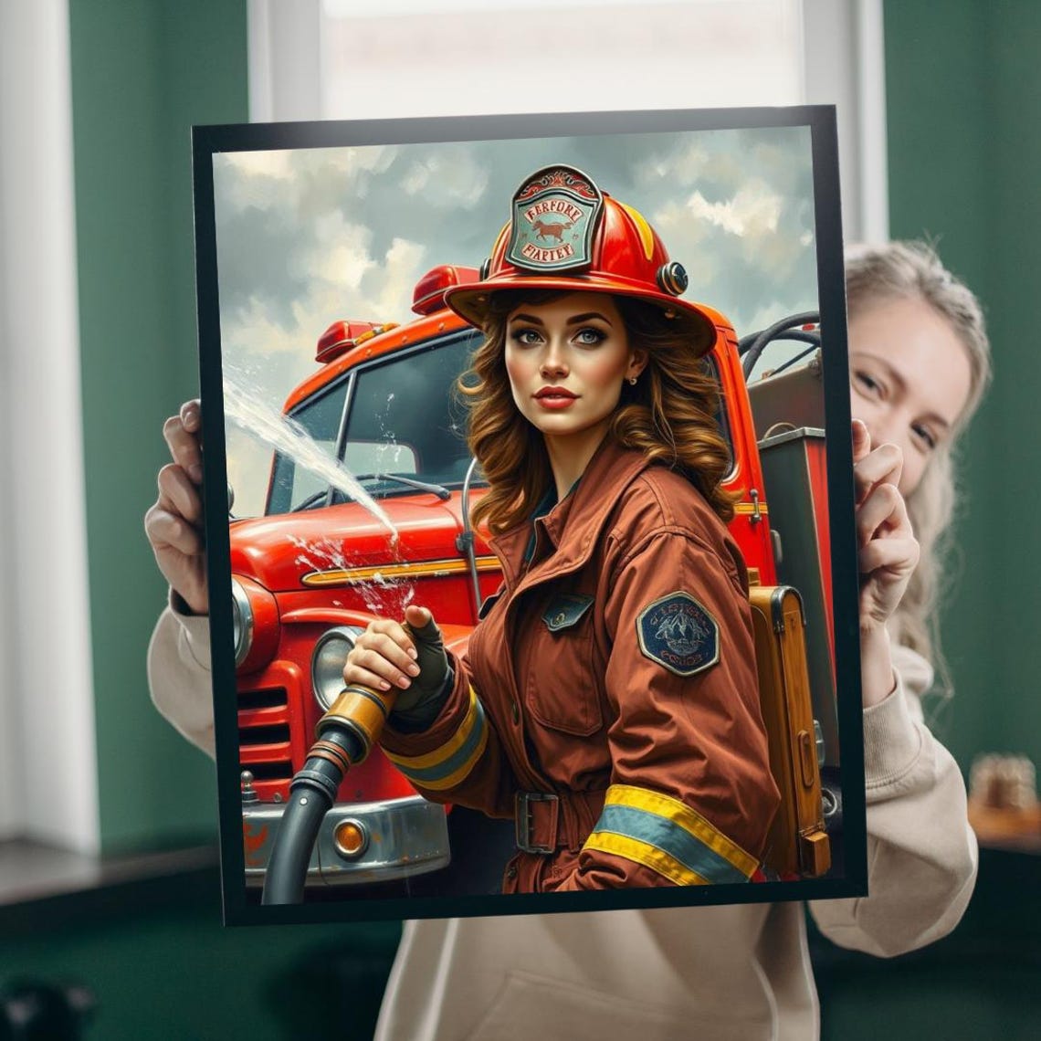Bold Woman Firefighter With Fire Truck Heroic Fire Art Poster