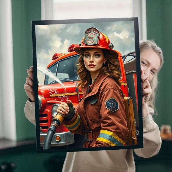 Bold Woman Firefighter With Fire Truck Heroic Fire Art Poster