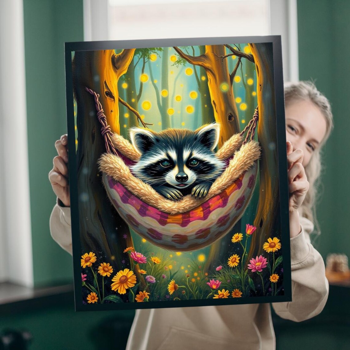 Baby Raccoon Hammock Firefly Forest Cozy Cute Wildlife Art Poster
