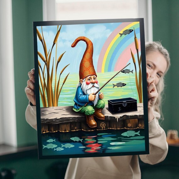 Fishing Gnome Wooden Dock Rainbow Cheerful Storybook Nursery Wall Art