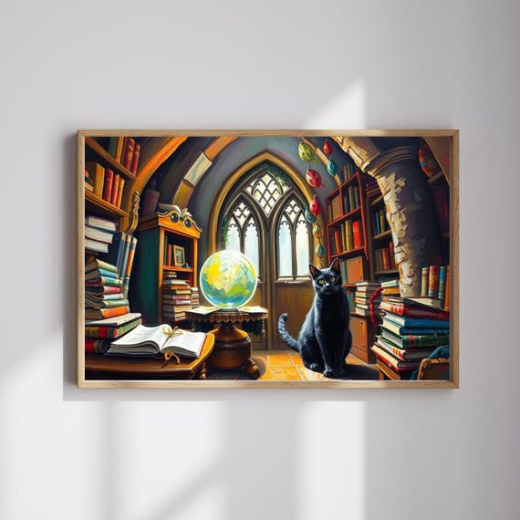 Gothic Cat Library Jigsaw Puzzle Fantasy Scene Fun Activity