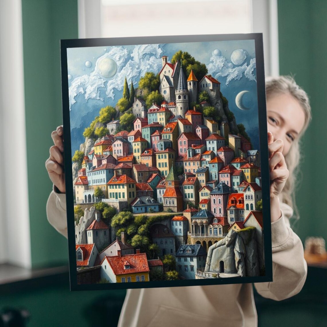 Whimsical Hilltop Village Stacked Houses Moonlit Sky Art Poster