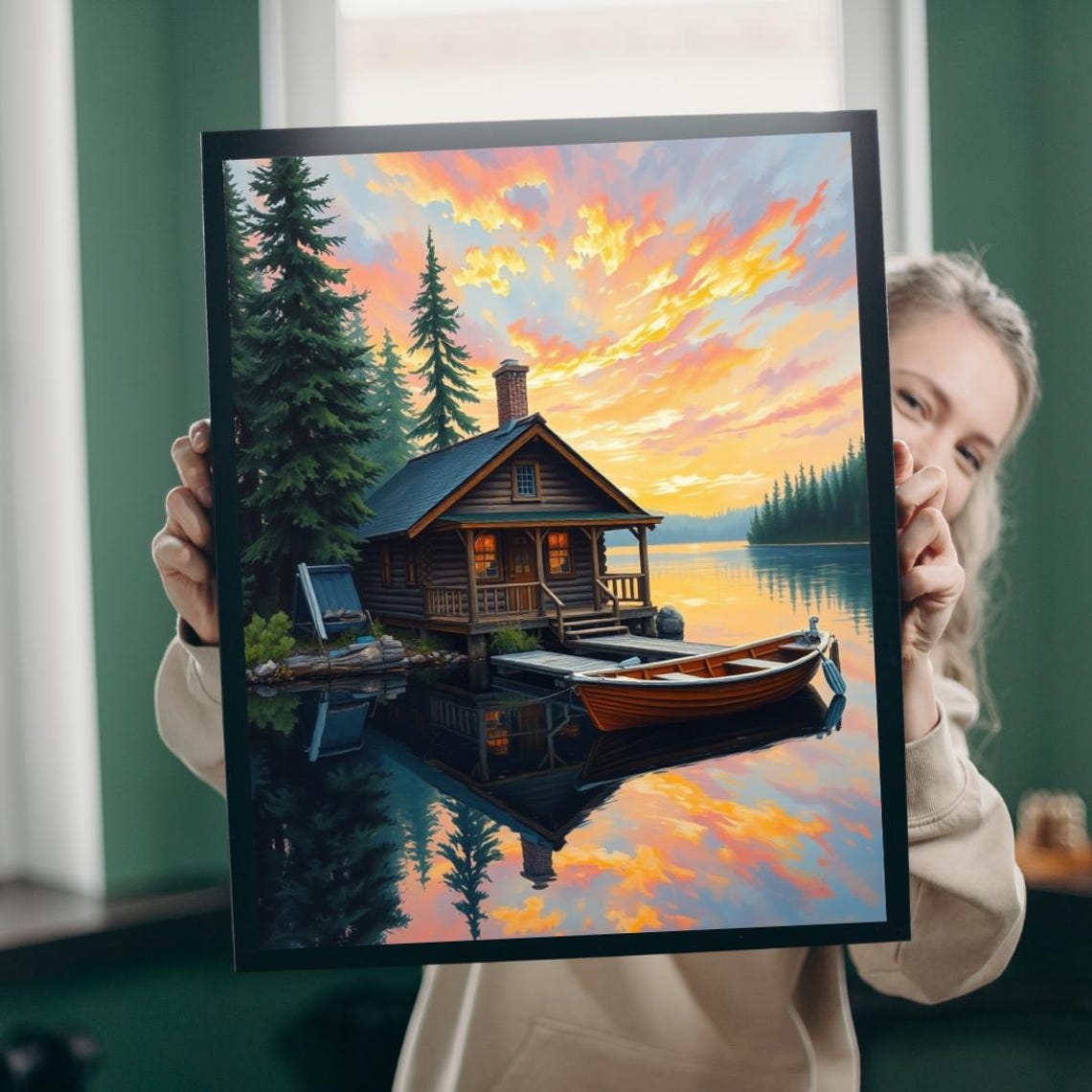 Lakeside Log Cabin Sunset Canoe Pines Art Charming Soft Poster
