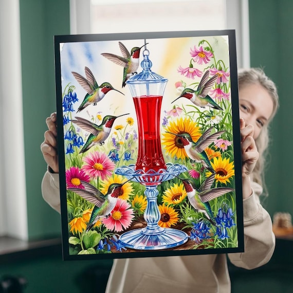 Hummingbirds Around Red Feeder with Garden Wildflowers Bird Art Print
