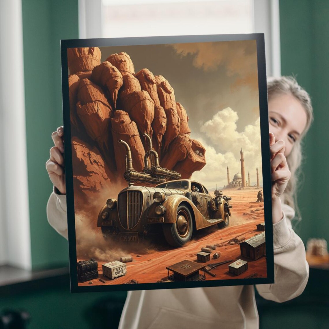 Steampunk Car Crossing Red Desert Canyon Western Fantasy Art Poster