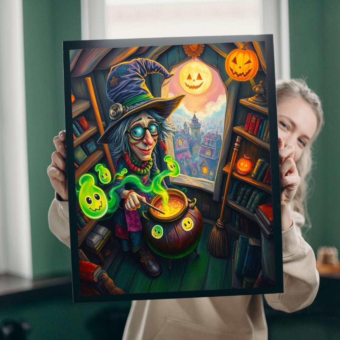 Cheerful Witch Stirring Cauldron Green Ghosts Pumpkin Moon Poster