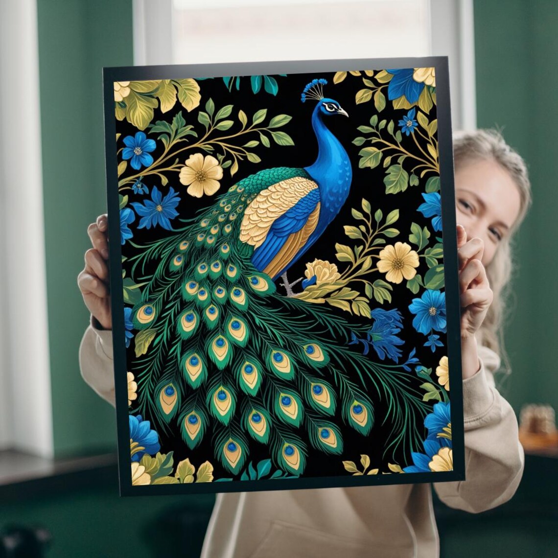 Vintage Peacock Blue Gold Floral Black Background Elegant Bird Art Poster
