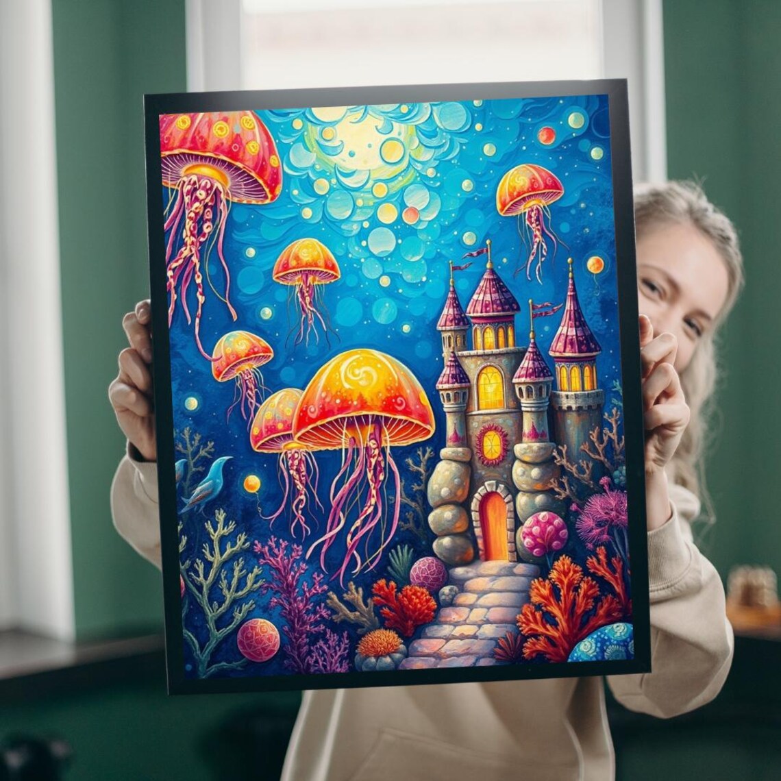 Glowing Jellyfish Floating Above Underwater Castle Fantasy Poster