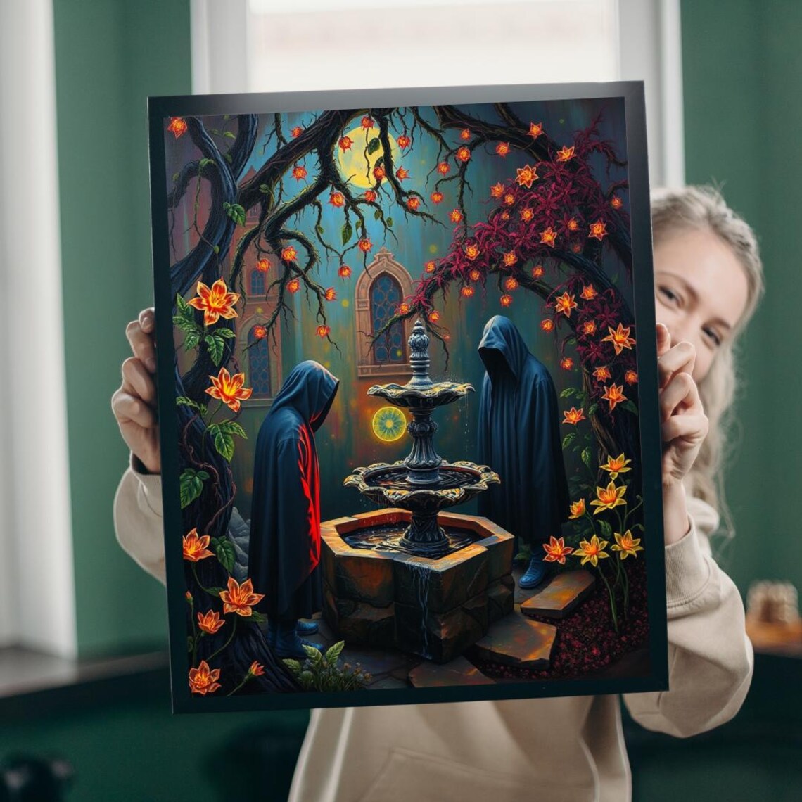 Dark Fantasy Garden Hooded Figures Glowing Fountain Scene Poster