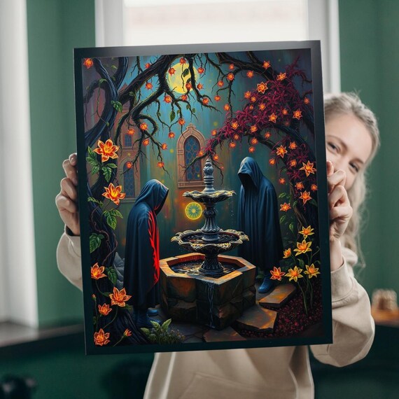 Gothic Garden Puzzle Dark Fantasy Glowing Flowers Hooded Figures