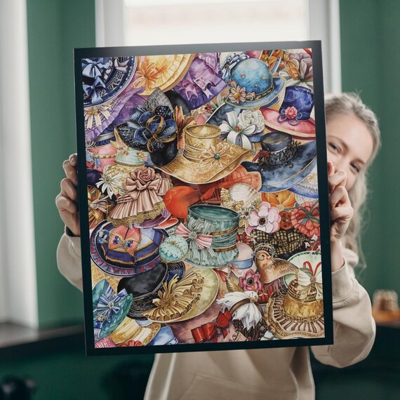 Vintage Ladies Hats Overlapping Colorful Floral Collage Poster
