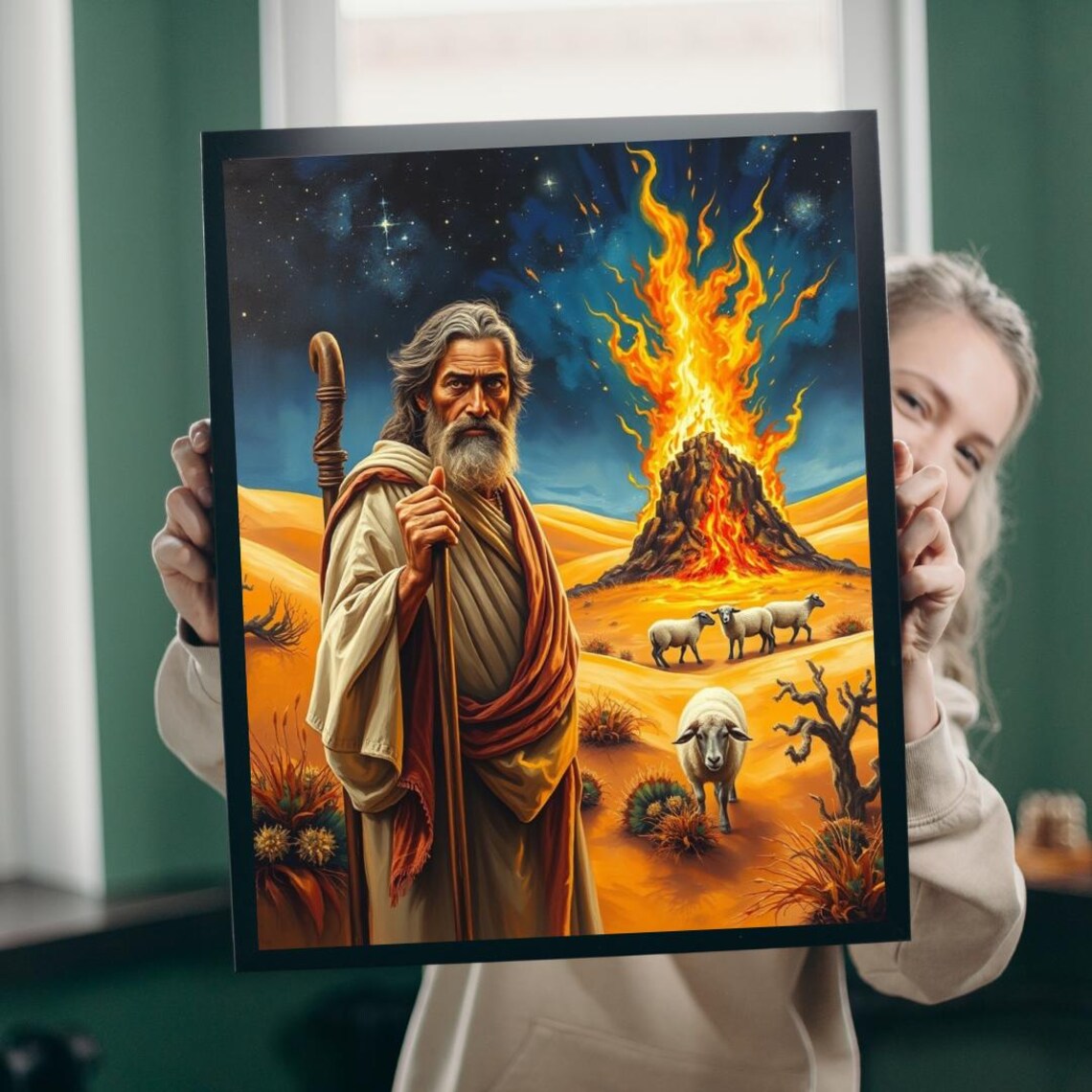 Moses and the Burning Bush Bible Story Desert Night Painting Poster