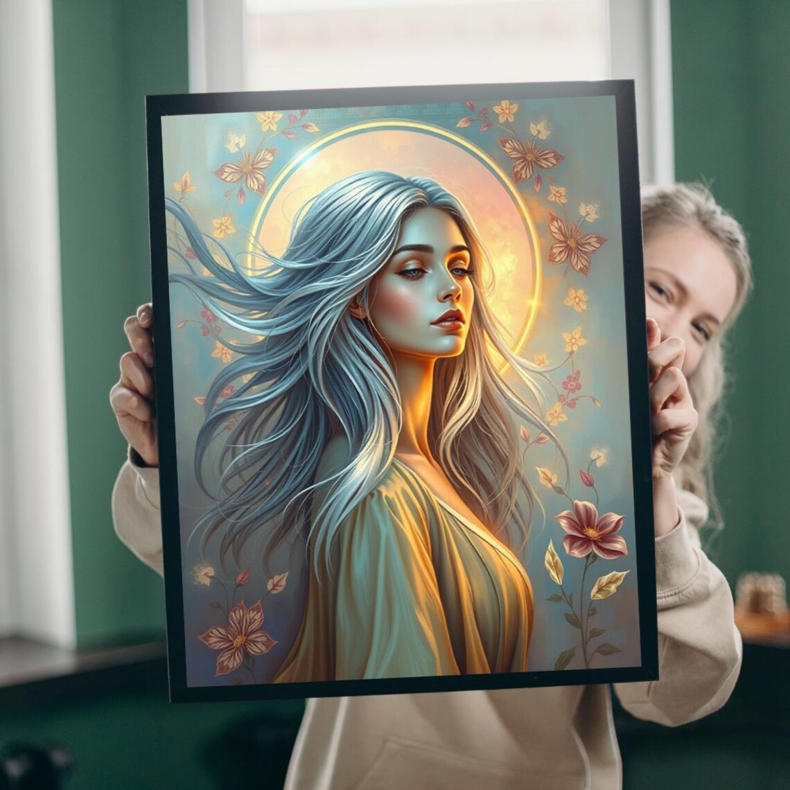 Woman with Flowing Silver Blue Hair Golden Halo Portrait Poster