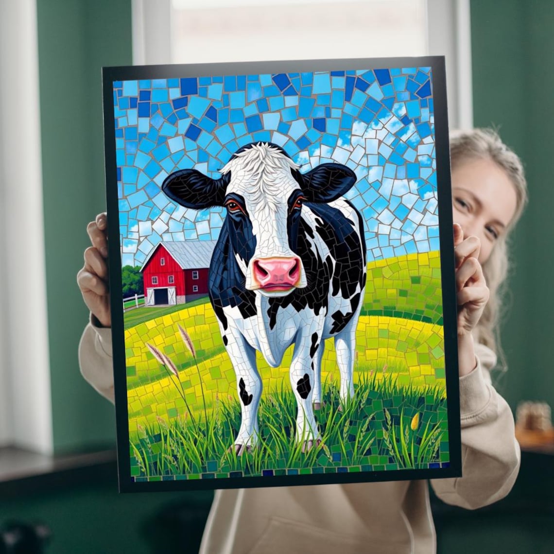 Charming Mosaic Dairy Cow with Red Barn in Green Pasture Poster