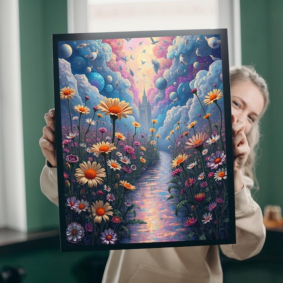 Surreal Dreamy Daisy Field River Path Castle Sky Fantasy Art Print