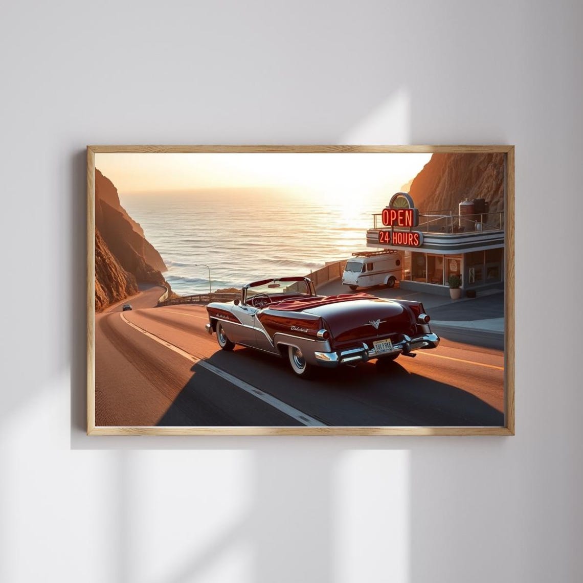 Maroon Convertible Cruising Coastal Cliff Road At Sunset Poster