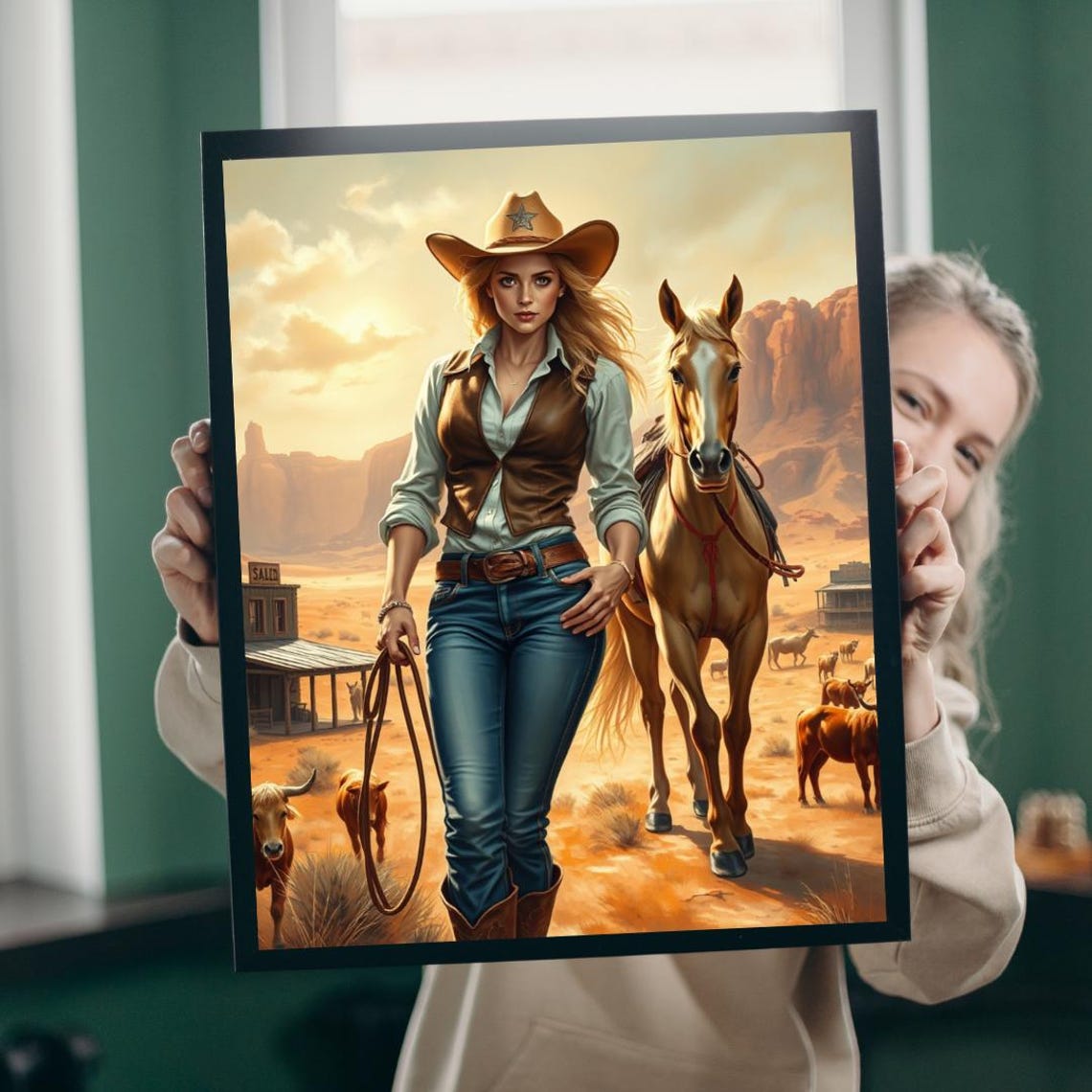 Blonde Cowgirl Horse Desert Sunset Western Frontier Art Poster